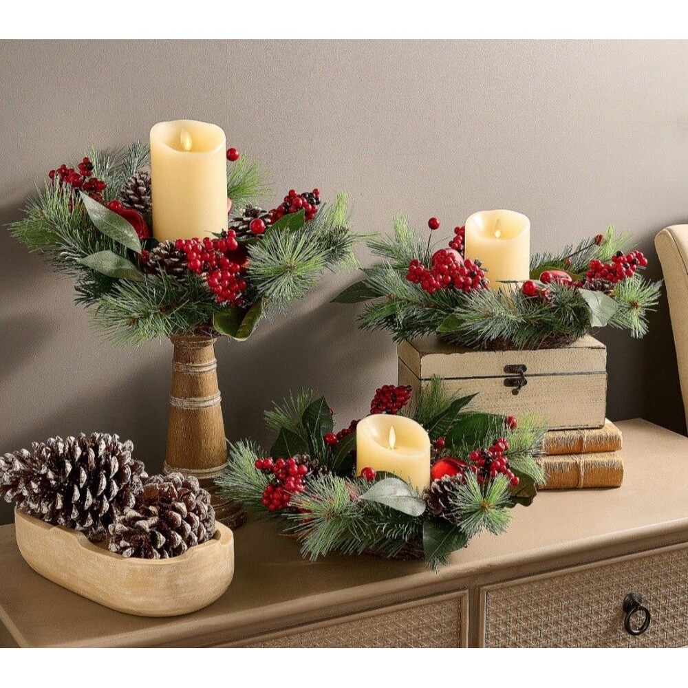 Set of 3 Berry, Pinecone and Greenery Candle Rings by Valerie